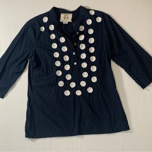 Figue Top Size Small Cotton Shirt Button Front Tunic Navy White